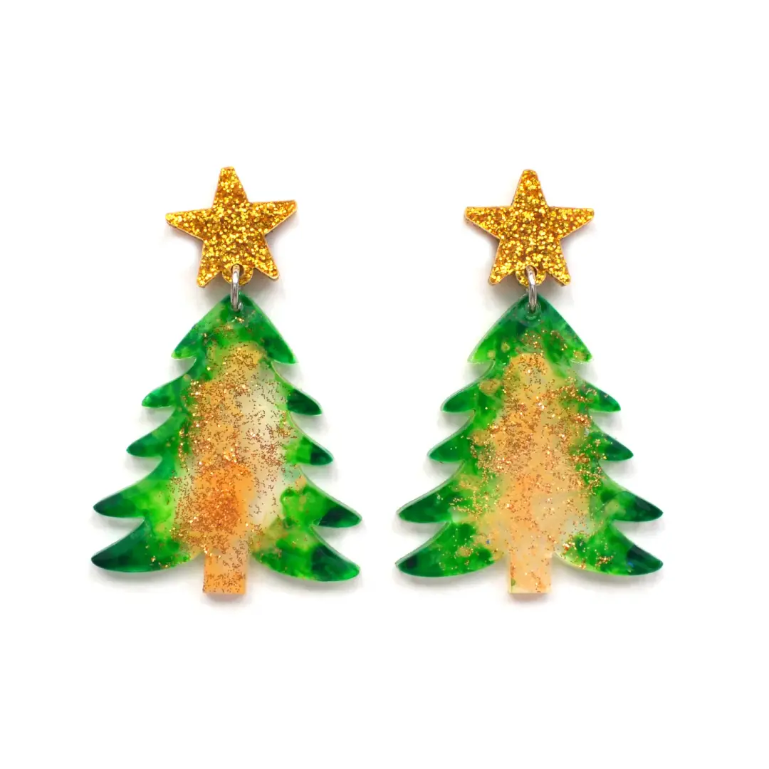 Green Holiday Christmas Tree Resin Acrylic Earrings