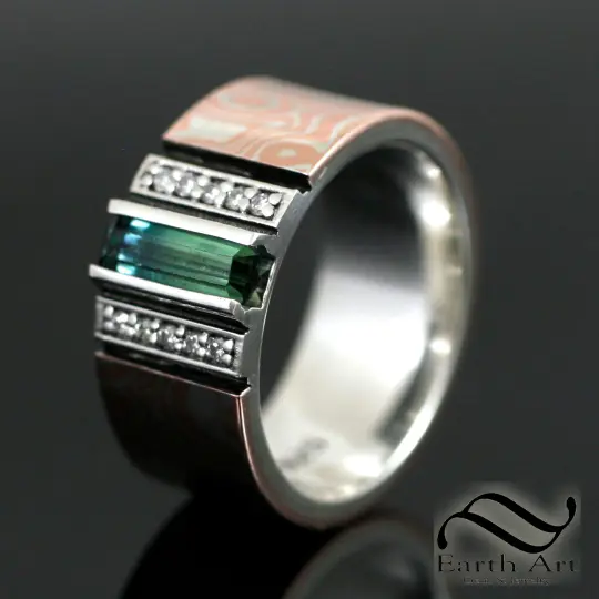 Mokume Gane and Tourmaline band with sliver and diamonds