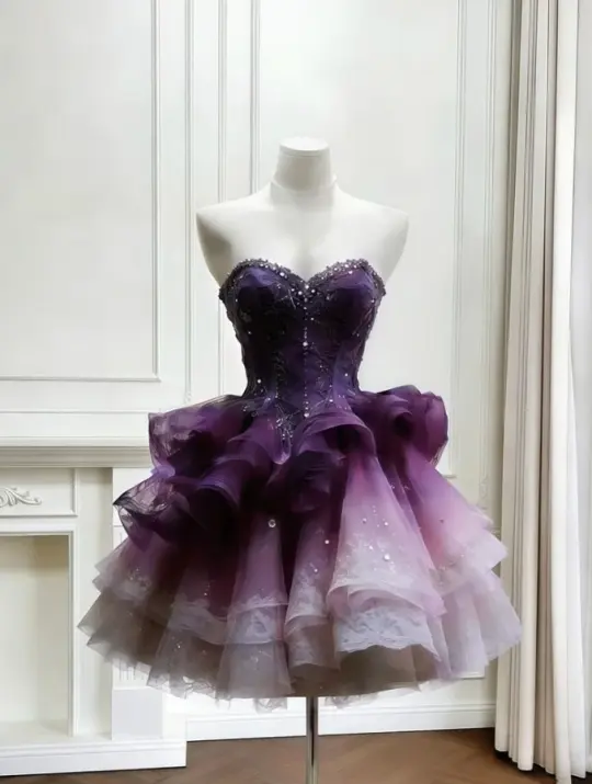 Dreamy Purple Beaded Homecoming Dress ,A-Line Sweetheart Corset Short Prom Dress RS974