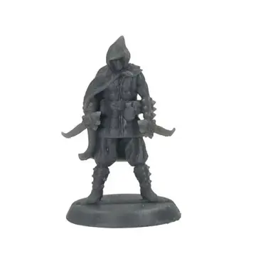 Unpainted 28mm 3D-printed resin hooded rogue with twin curved daggers - tabletop RPG miniature for D&D, Pathfinder & wargaming