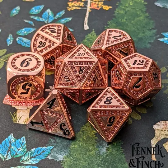 Purple Rhinestone Copper Metal Dice Set – 7-Piece Amethyst Inspired DnD Dice