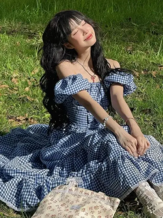 Resort Plaid Flowy Prom Gown Navy Women's Maxi Birthday Dress Casual Dress RS2968