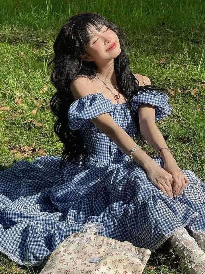 Resort Plaid Flowy Prom Gown Navy Women's Maxi Birthday Dress Casual Dress RS2968