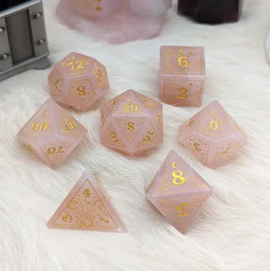 Dreamy Rose Quartz Dice Set – Cloud and Moon Engraved Gemstone DnD Dice | Fennek & Finch
