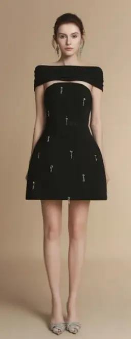 Black tube top beaded design waist slim A-line short skirt homecoming dress R4859