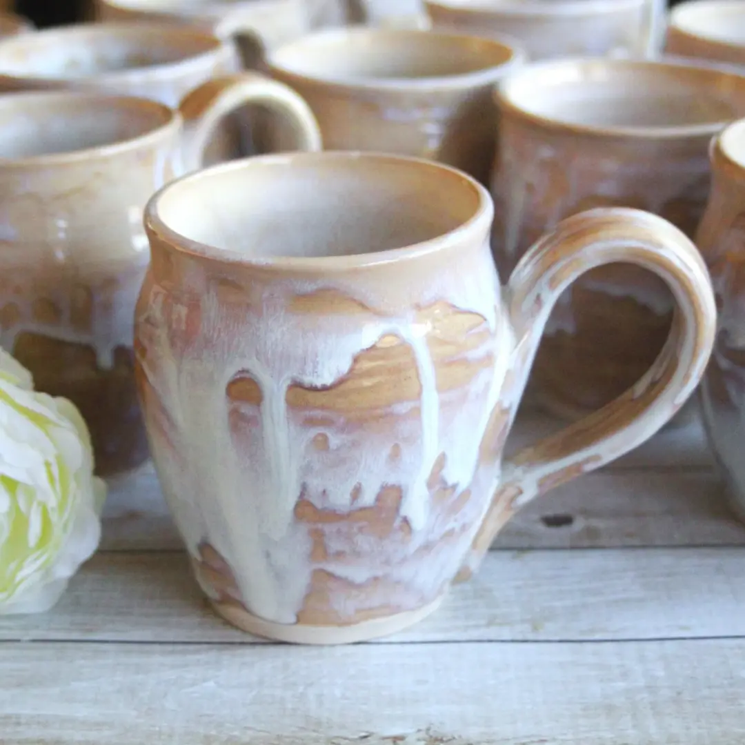 Custom Order for Kathleen, Set of 10 Mugs in White and Ocher Dripping Glaze