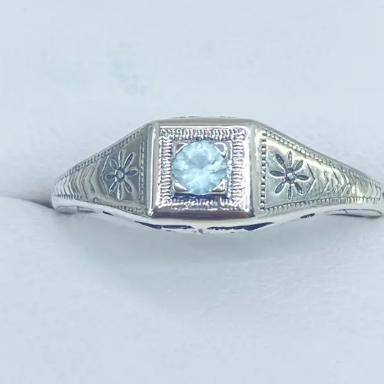 Art Deco Wedding Ring, Size 8.5 with Aquamarine Gem #D155 - Ready to Ship