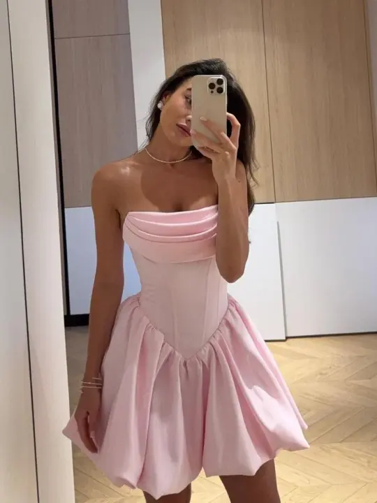 Pink tube top waist fishbone top slim fit skinny princess dress homecoming dress R3649