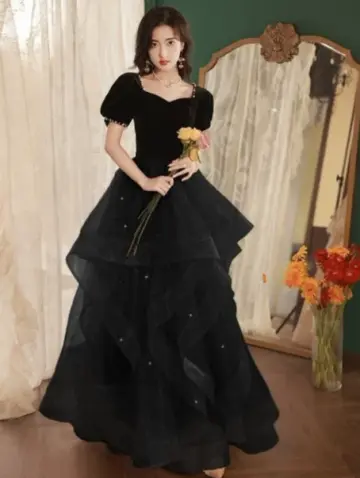 Elegant Tulle Tiered Prom Gown Black Women's Maxi Evening Dress Birthday Dress RS2785