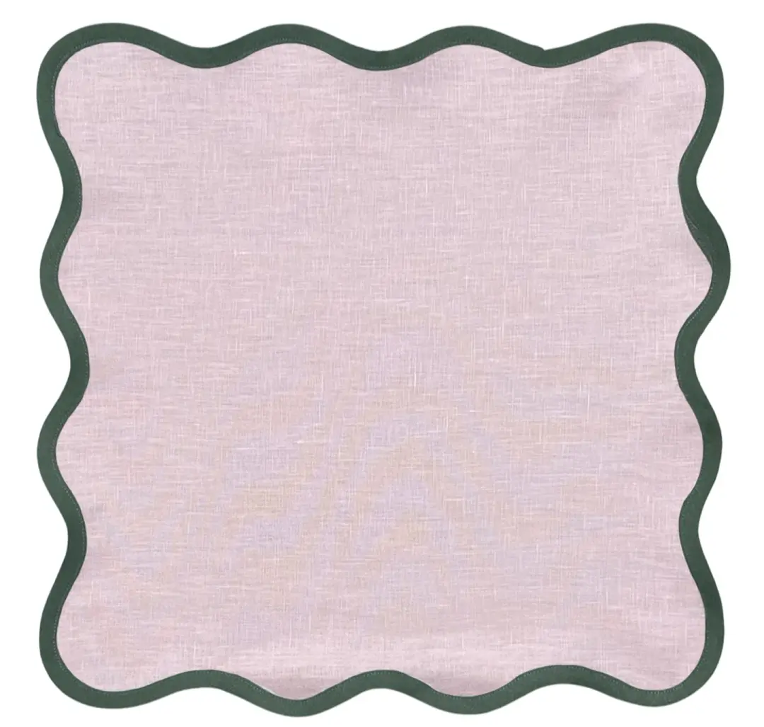 Fenwick and Fields Linen Scalloped Square | Peony Pink with Pine Green Trim set of 4