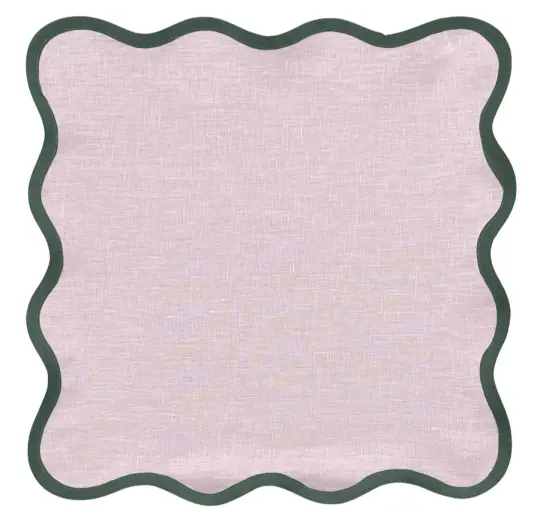 Fenwick and Fields Linen Scalloped Square | Peony Pink with Pine Green Trim set of 4