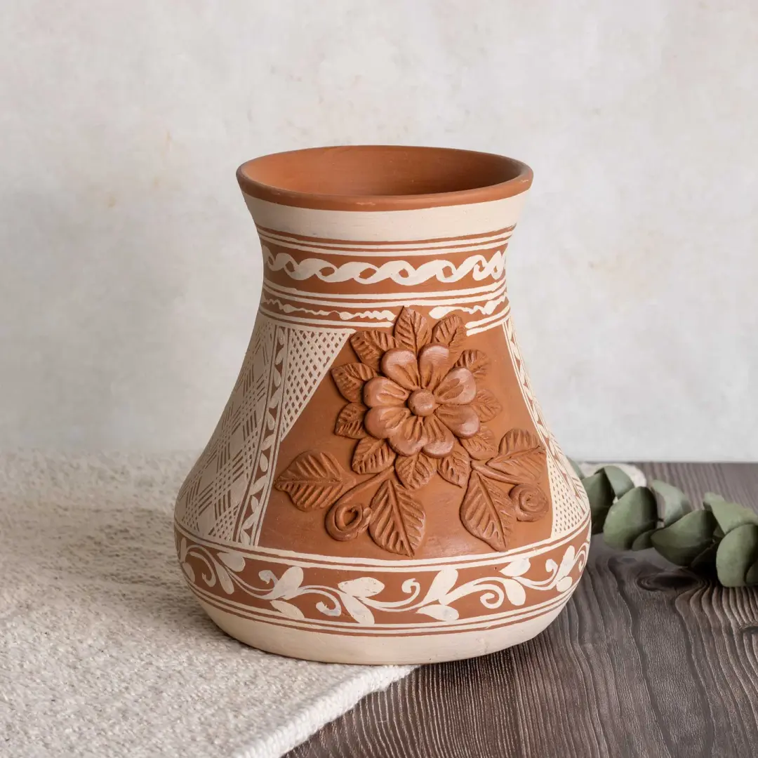 Patamban Short Vase with Sculpted Flowers