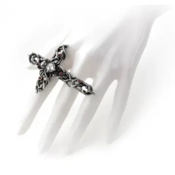 Thorny Cross Handspan Ring with Swarovski Crystals in Rare Pewter