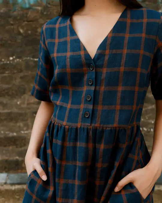 No.31 V Neck, Full Length Linen Dress in Montague Windowpane