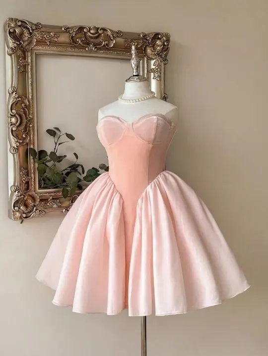 French Chic Pink A-Line Strapless Satin Corset Mini Dress Homecoming Dress RS200