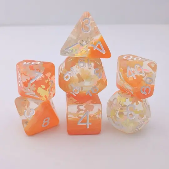 Peachy Bow Dice Set – 7-Piece Orange Translucent Ribbon Bow Glitter DnD Dice