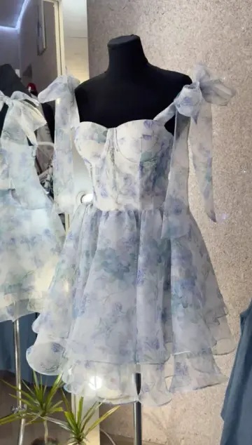 Pale Blue Printed Pattern Homecoming Dress , Fresh Women's Short Prom Dress RS2180
