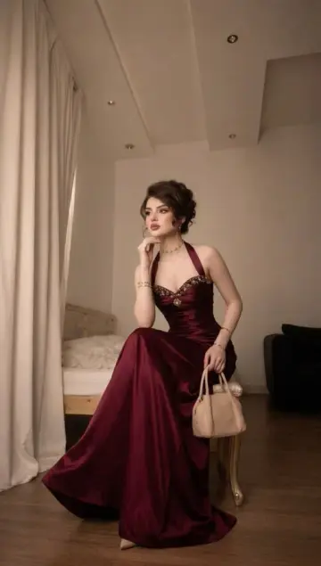 Halter Silky Elegant Corset Prom Gown , Burgundy Women's Maxi Evening Dress RS2268