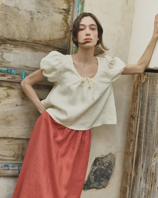 R: MILOS puff sleeve linen blouse (Color: Admiral Blue; Size: XS)