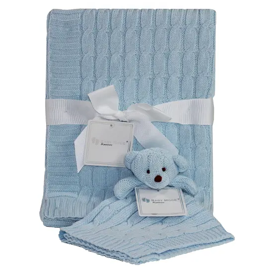 Baby Mode Signature Baby Cable Knit Baby Blanket Gift Set, Blue