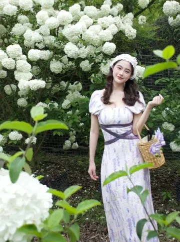 French Retro Lavender Floral A-Line Square Corset Maxi Women Dress RS631