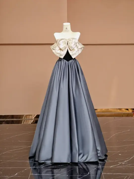 Black top with apricot bow neckline and gray skirt, long ball gown R8374