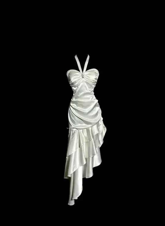 White halter-neck, fitted waist, pleated, irregularly shaped midi skirt ball gown R6682