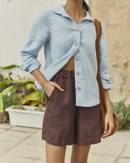 R: MAIN casual linen shorts (Color: Natural/Grey Stripes; Size: L)