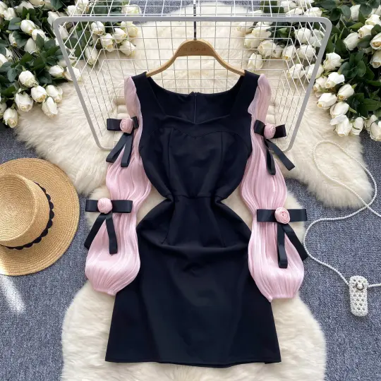 Small dress French high-end three-dimensional flower lantern sleeves waist slimming A-line dress R2319