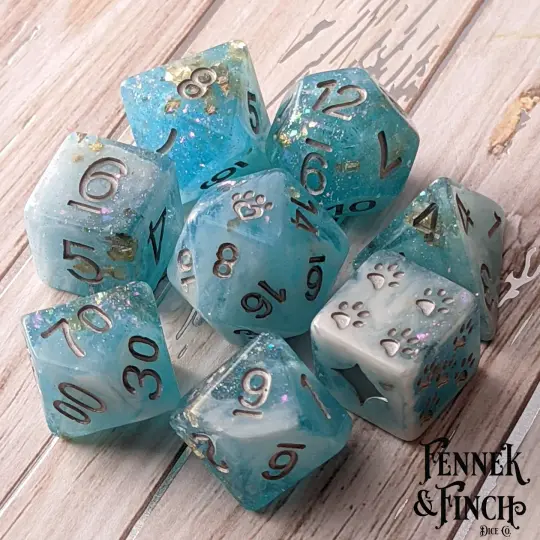 Cresting Wave 8 Piece Dice Set – Clear Blue White Marble Glitter Foil Cat Wizard