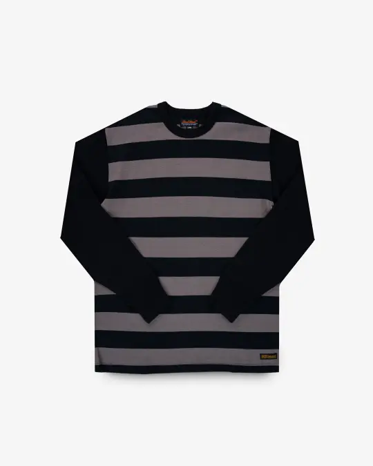 11oz Cotton Knit Long-Sleeved Sweater - Striped Body with Black Arms