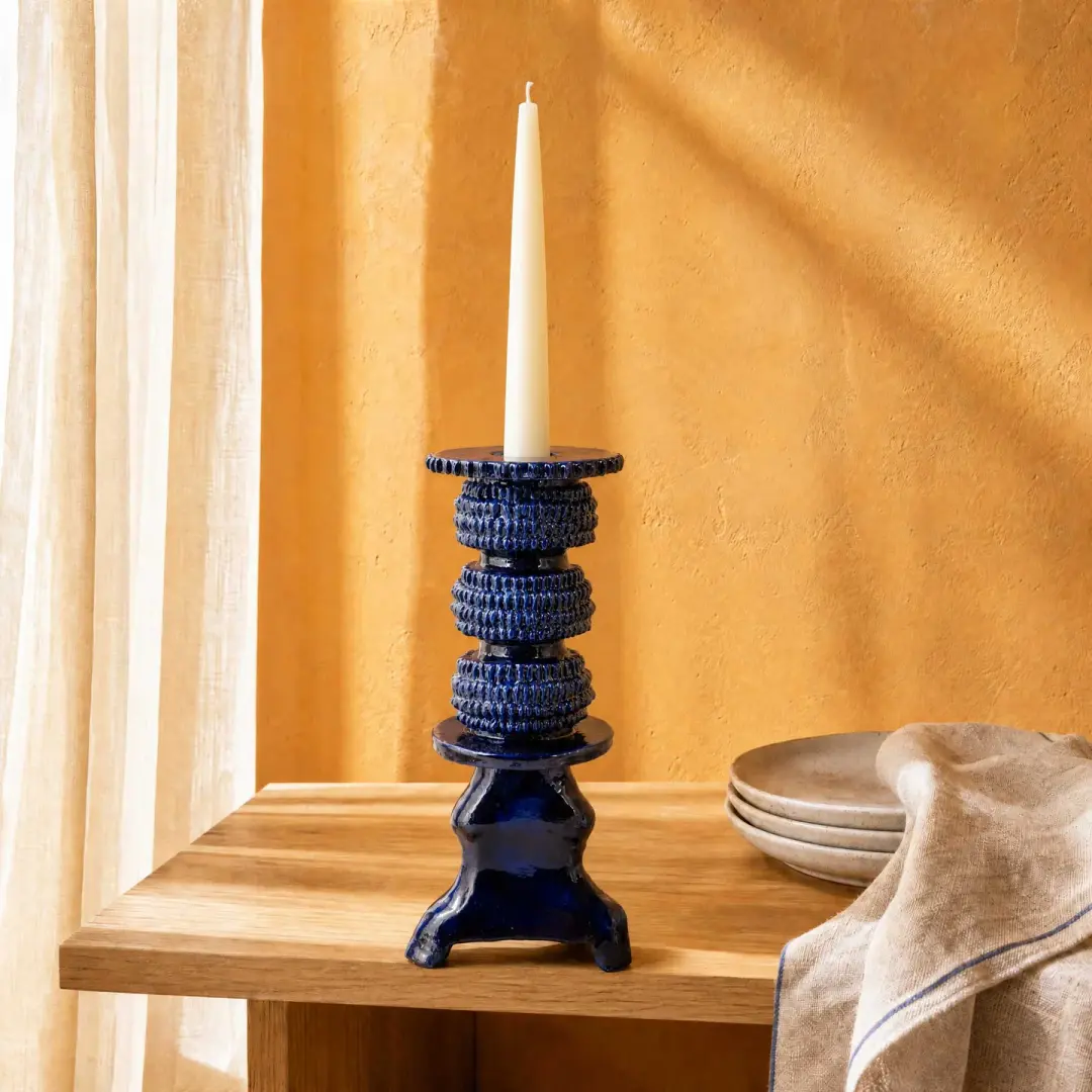 Medium Blue Barro Vidriado Candle Holder