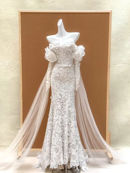 White lace one-shoulder lace waist slim hip long dress bridal dress R5734
