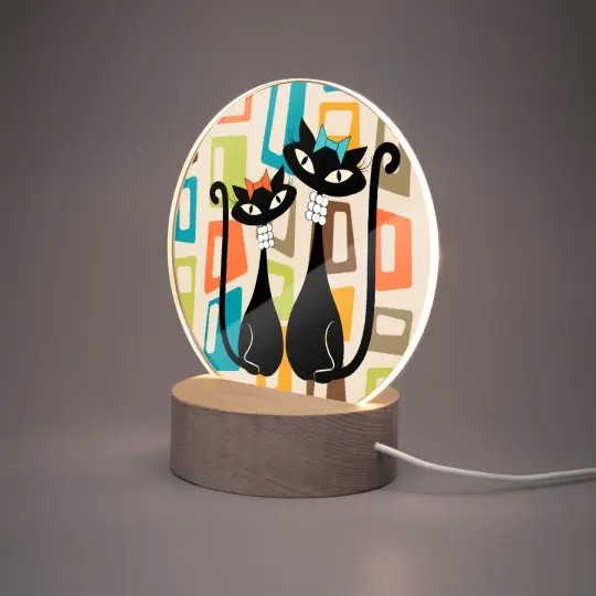 Atomic Cat in Pearls Acrylic Plaque with Stand - Round Night Light