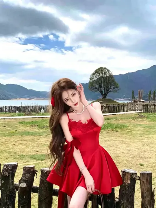 Red Lace Trim Cami Dress with Flowy Bow Strap R9166