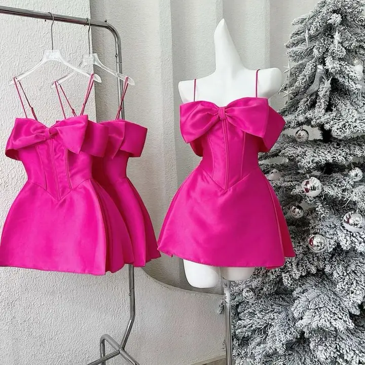 Barbie pink sling bow one shoulder slim waist A-line short skirt homecoming dress R3414