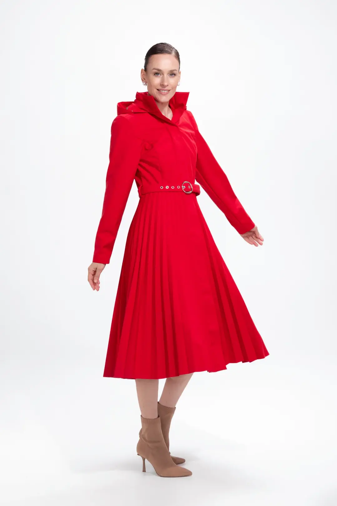 Fit and Flare Red Women's A-line Coat with Pleated Skirt | Scarlet Waltz