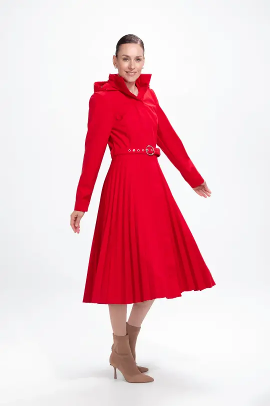 Fit and Flare Red Women's A-line Coat with Pleated Skirt | Scarlet Waltz