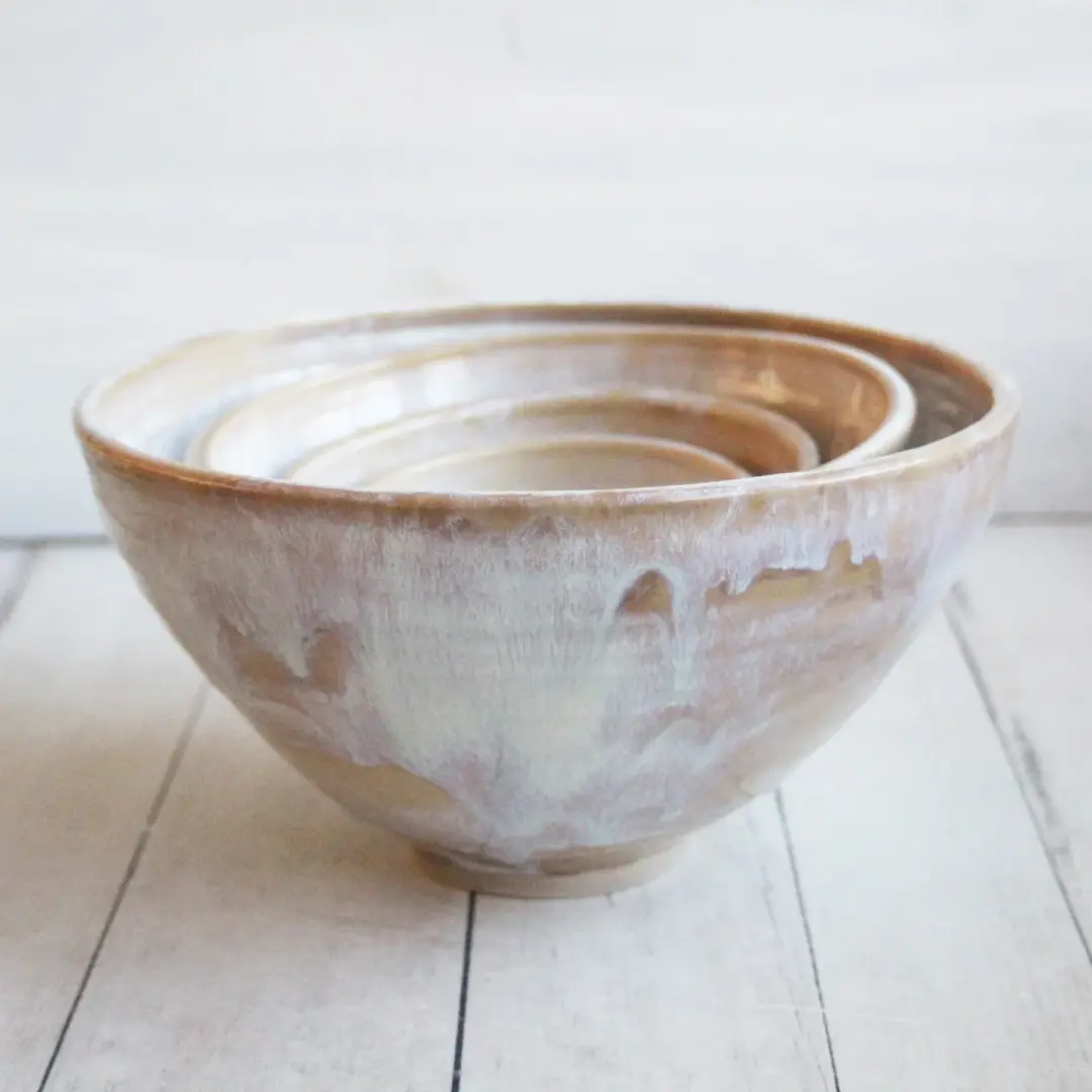 Set of Four Rustic Mixing Bowls in Dripping White and Ocher Glaze Ready to Ship