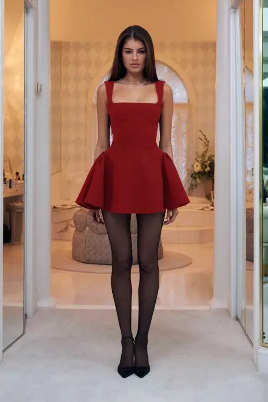 Red sexy suspender A-line slim mini skirt homecoming dress R2446