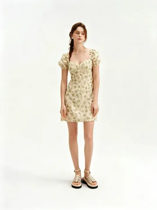 Beige Floral Print Mini Dress Women With Puff Sleeves And Square Neck R9467