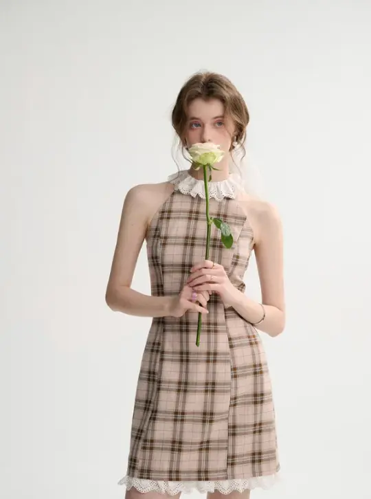 French halter neck dress summer petite outfit short skirt suspender skirt dress female spring R3528