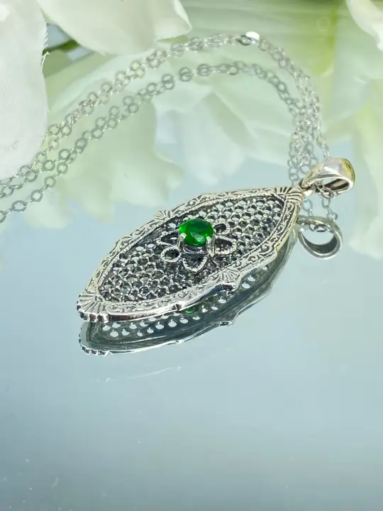 Green Emerald Flower Star Pendant, Round Gem, Vintage Necklace, Design#P20 - Ready to ship