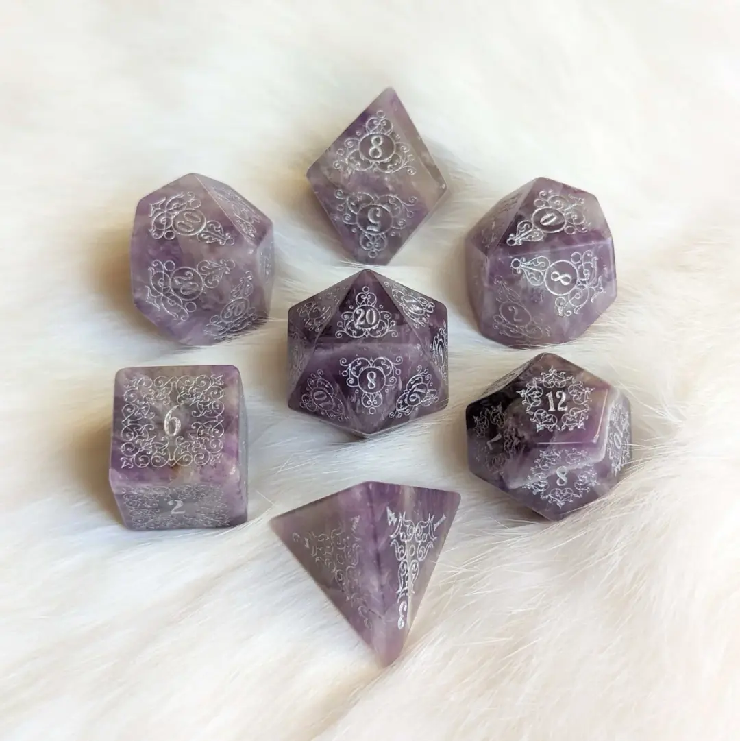 Garden Gate Amethyst Gemstone Dice Set – Engraved Floral Stone Dice | Fennek & Finch