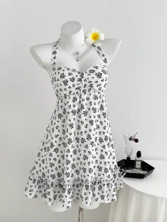 Resort White Floral Homecoming Dress ,A-Line Halter Mini Summer Dress RS1104