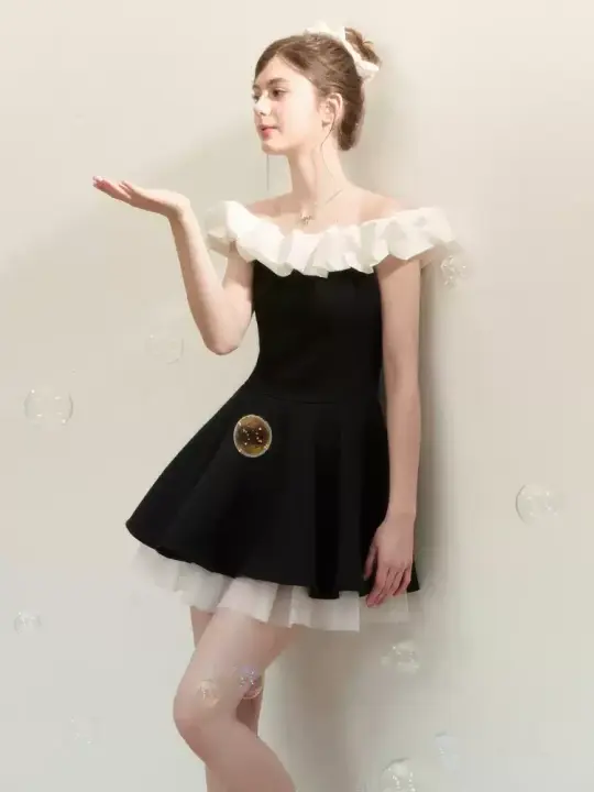 Classic Black White Off Shoulder A-Line Party Dress with Ruffle Top R9215
