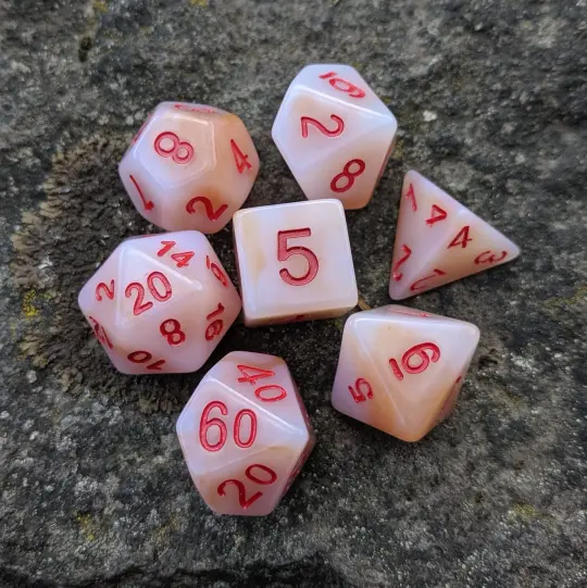 White Jade Dice Set – 7-Piece Semi-Translucent Cloudy White Red Ink DnD Dice