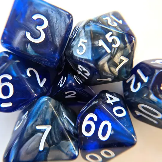 Cold Iron Dice Set – 7-Piece Blue Silver Metallic DnD Dice