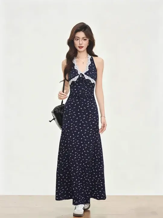 Navy Blue Y2K Floral Backless Halter Dress R9109