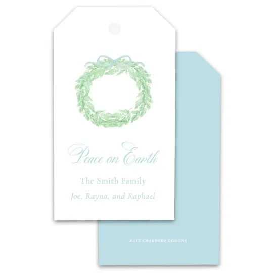 Wreath with Blue Ribbon Peace on Earth Christmas Holiday Gift Tag